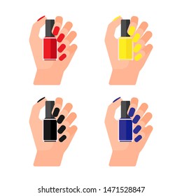 Girl holds bottle of varnish in her hand. Female hands with nail polish. Coat your fingernails with red, yellow, black, blue lacquer. Vector illustration on white background