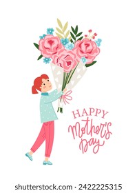 Girl holds a bouquet of beautiful flowers and text - love you mom on a white background. Greeting card vector template.