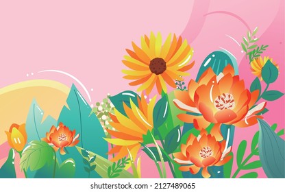 A girl holds a bouquet of flowers, eyes closed, long hair, surrounded by many plants and flowers, vector material