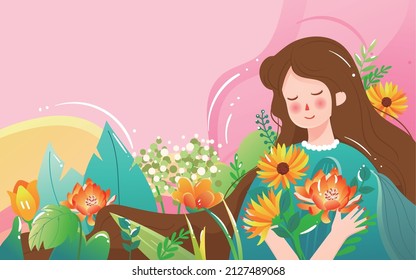 A girl holds a bouquet of flowers, eyes closed, long hair, surrounded by many plants and flowers, vector material