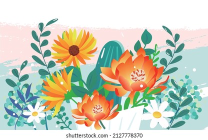 A girl holds a bouquet of flowers in her hands with long hair, surrounded by many plants and flowers, vector material, women's day