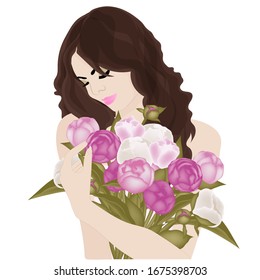 Girl holds a bouquet of flowers. Vector art