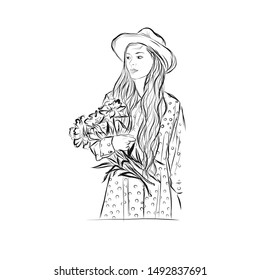 Girl holds bouquet of flowers. Young woman dressed in hat, dress in pattern polka-dot with long hair and looks away. Drawing for coloring 