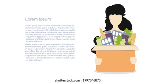 Girl holds a box with donations, food box, grocery basket . Symbol voluntary, charity and donation flat vector illustration. Vector Template with copy space for invitation, cards or banner and  poster