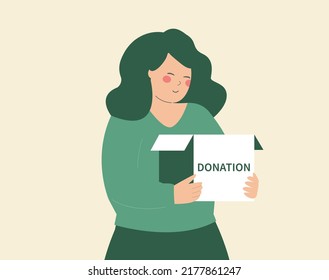 A Girl Holds A Box Of Used Clothes To Give To The Needy. Volunteer Woman Ready To Donate Or Recycle Old Things. Concept Of Charity, Assistance And Social Care Participation. Vector Illustration