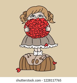 A girl holds a bunch of hearts. Can be used for postcards, posters. Hand drawn vector