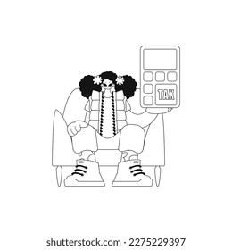 Girl holds calculator. Linear vector illustration.