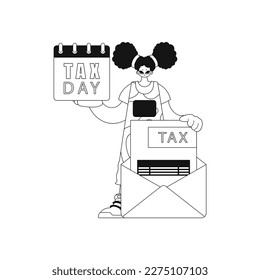 Girl holds a calendar and letter with tax notification. Linear, vector illustration.