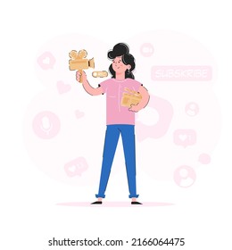 The girl holds a camera and a clapperboard in her hands. Blogging concept. Trendy vector