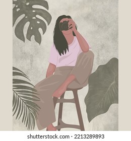 A girl holds a Camera in her hand and shows it. botanical garden surrounded by various plants and smiles. Relaxing at home sitting in armchair by tropical leaves flowers. Vector in flat style