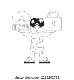 Girl holds cloud logo for internet of things, linear vector art