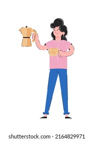The girl holds a coffee maker and a cup in her hands. The concept of morning coffee drinking. Isolated on white background. Trendy vector.