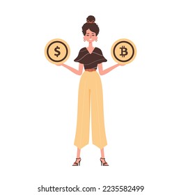 The girl holds a coin of bitcoin and dollar in her hands. Character with a modern style.
