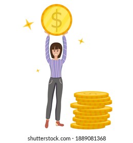 A girl holds a coin, next to a stack of dollars in cartoon style isolated on a white background. Vector illustration, the concept of wealth and saving money.
