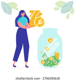 Girl girl holds coins. Savings and investing money. Finance, Investment. jar, piggy bank with money, woman take Money. for Jar Making Saving, Deposit Web Page Banner. Cartoon Flat Vector Illustration