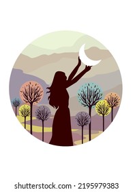 The girl holds a crescent moon in her hands against the backdrop of a landscape with trees.