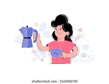 The girl holds a cup and a coffee maker in her hands. Element for the design of presentations, applications and websites. Trend illustration. Vector illustration