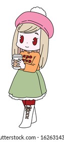 A girl holds a cup of coffee, a young girl holding a cup of hot drink