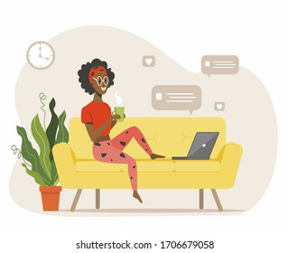 Girl holds a cup and sits on a sofa with a laptop. Home office concept, man working from home, communication, leisure, chat on the couch, student or freelancer. Vector illustration in a flat style.