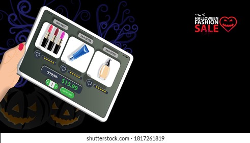 A girl holds a digital tablet with an online cosmetics store for Halloween fashion sale. Vector banner