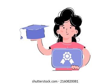 The girl holds a diploma in her hands. Concept of learning. Isolated on white background. Trendy flat vector style.