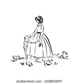 Girl holds dog on leash. Lady in vintage style. Woman dressed in ball gown. Drawing for coloring. 
