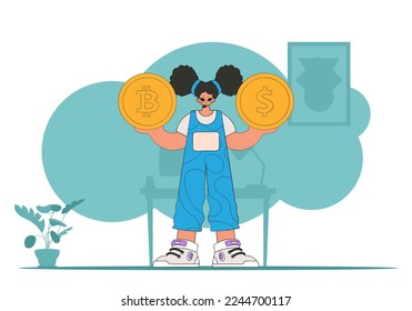 The girl holds a dollar and bitcoin in her hands. The concept of interaction with digital monetary assets.