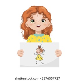 The girl holds a drawing in her hands. Isolate on a white background. Vector illustration.