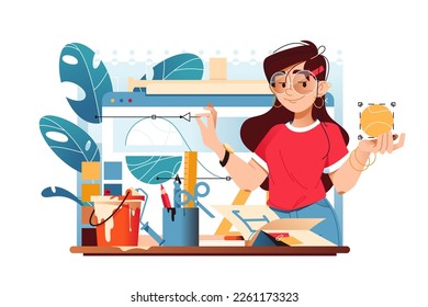 Girl holds drawing tools, standing near painting supplies, vector illustration. Graphic drawing concept.