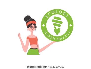 The girl holds the ECO logo in her hands. The character is depicted to the waist. The concept of ecology and green energy. Isolated on white background. Vector trend illustration.