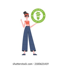 The girl holds the ECO logo in her hands. The character is depicted in full growth. The concept of ecology and green energy. Isolated on white background. Vector trend illustration.