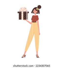 The girl holds a festive gift box in her hands. Trendy character style.