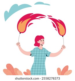 
The girl holds fire poi. Hand drawn vector illustration. An artist performs at a fire show. Light colors for design.