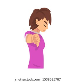 Girl holds fist finger down, dislike cartoon vector illustration