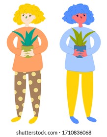 
Girl holds a flower. Home clothes. Colorful vector illustration.