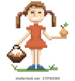 A girl holds a fruit basket in one hand, holds an apple in the other.
Vector image of a girl in the style of pixel art.