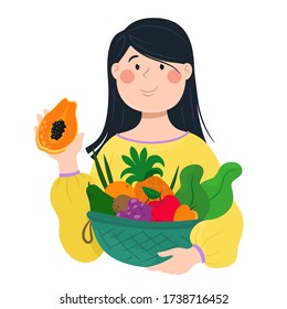 Girl holds fruits in a basket. Vector illustration in cartoon flat style.