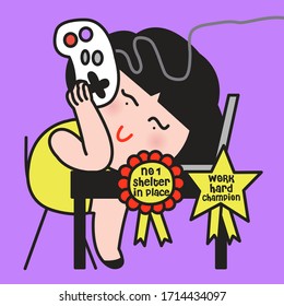 Girl Holds A Game Controller In Hands With Shelter In Place Awards That She Win From Working At Home During Global Spreading Virus Concept Card Character illustration