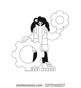 Girl holds gears in hands. Linear vector illustration.