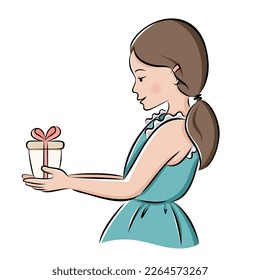 Girl holds gift box in her arms. Happy birthday, international Mother’s Day, Father’s Day. Presents time. Cute vector illustration in cartoon style.
