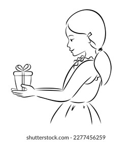 Girl holds gift box in her arms. Happy birthday. Motherhood concept. International Mother’s Day. Vector contour illustration in sketch hand drawn style