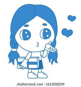 girl holds a gift in his hand and blows a kiss, color clip art on white isolated background with hearts