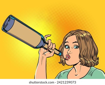 The girl holds a glass bottle with a surprised look. Great deals for bar and restaurant visitors. Empty space for inscription on the bottle. Comic cartoon pop art retro vector illustration hand