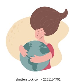 The girl holds a globe, the globe in her hands, the protection of nature, zero waste. Ecology. Vector illustration.
