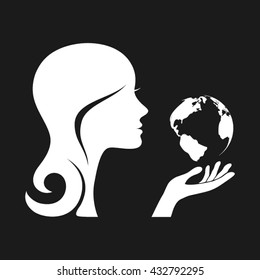 Girl holds globe icon vector illustration eps10.