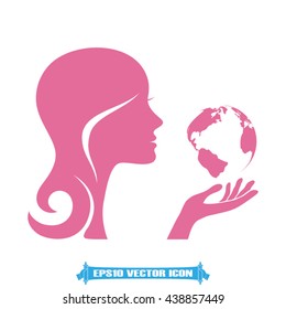 Girl holds globe icon vector illustration eps10.
