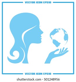 Girl holds globe icon vector EPS 10, abstract sign flat design,  illustration modern isolated badge for website or app - stock info graphics