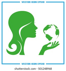 Girl holds globe icon vector EPS 10, abstract sign flat design,  illustration modern isolated badge for website or app - stock info graphics