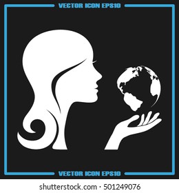 Girl holds globe icon vector EPS 10, abstract sign flat design,  illustration modern isolated badge for website or app - stock info graphics