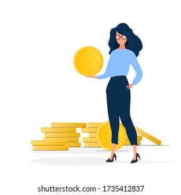 The girl holds a gold coin in her hands. Woman with a mountain of money. The concept of earning and saving money. Isolated. Vector.
